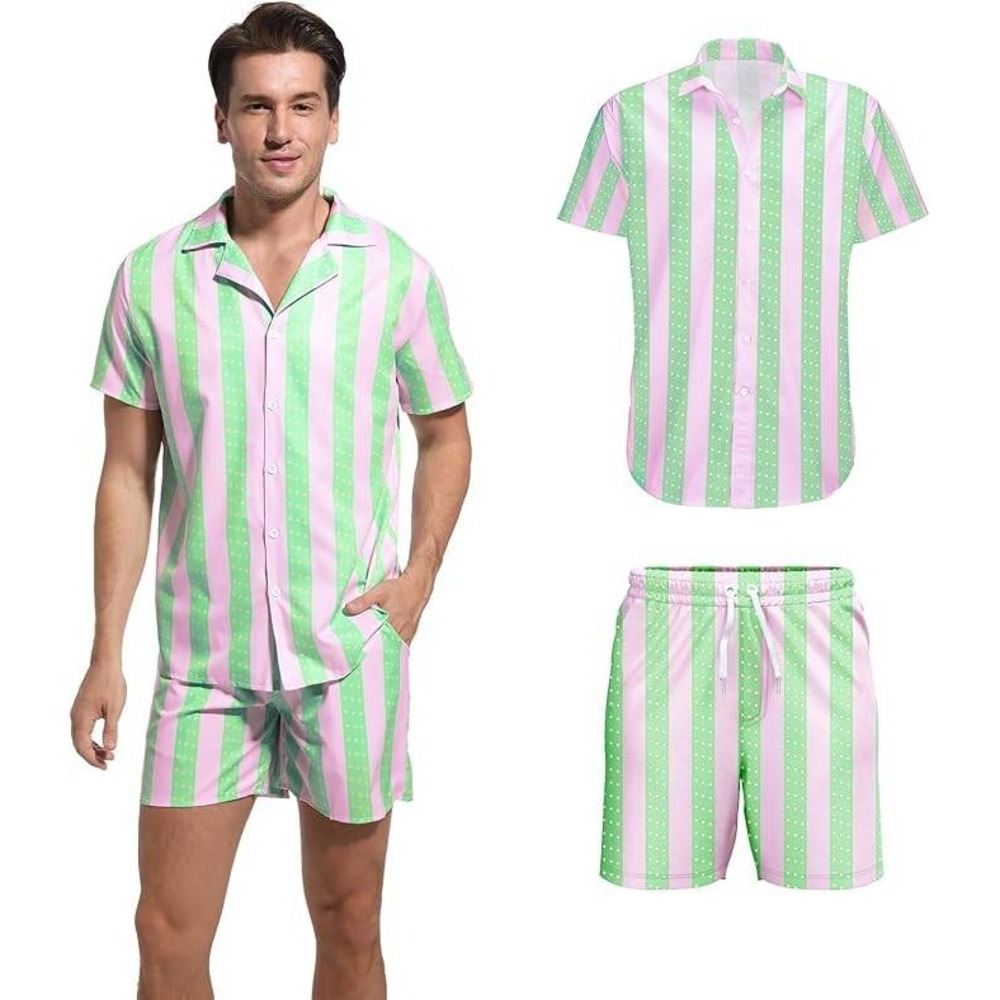 Cosplay Beach Costume Men Large Pink Green Striped 2pc Shirt Shorts Set